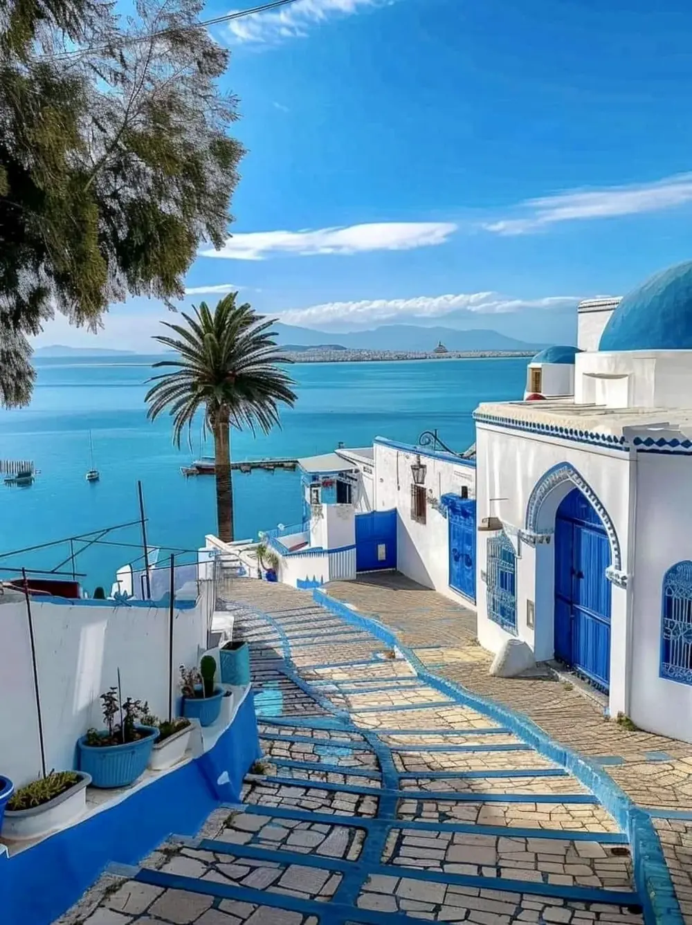 Ruelle de Sidi Bou Saïd, maisons blanches et bleues face à la mer